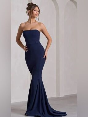 Club London Impress Me Navy Strapless Bandeau Fishtail Maxi